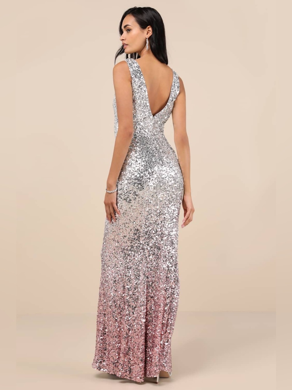 Lulus Cecina Silver Ombre Sequin Sleeveless Maxi Dress size medium